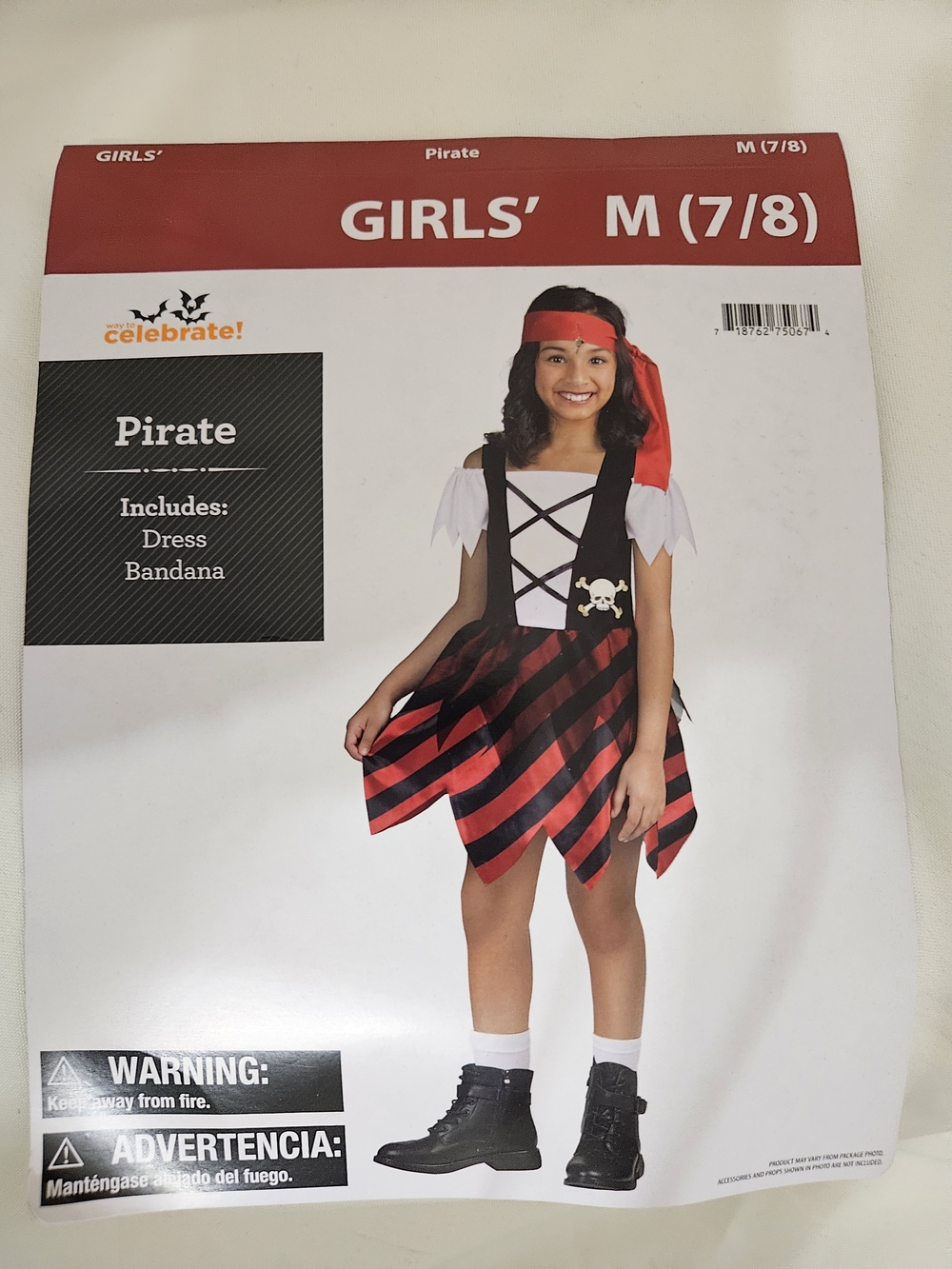 Girls' Red & Black Pirate Costume with Bandana - Size M (7/8)